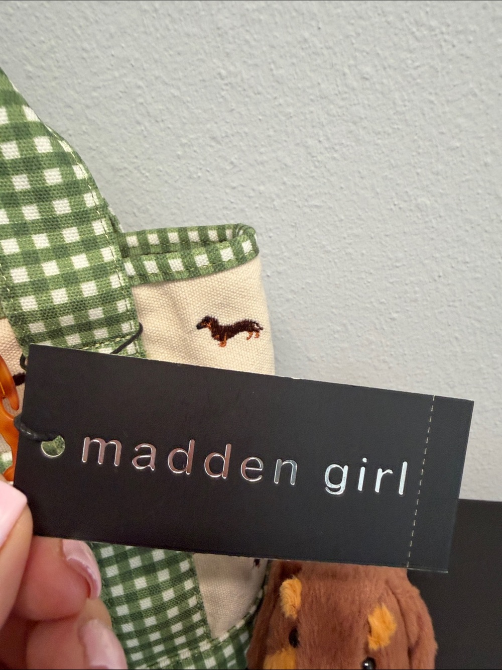 Madden Girl | Green Gingham Dachshund Canvas Tote | Wristlet, Bag Charms & More - Picture 2 of 15